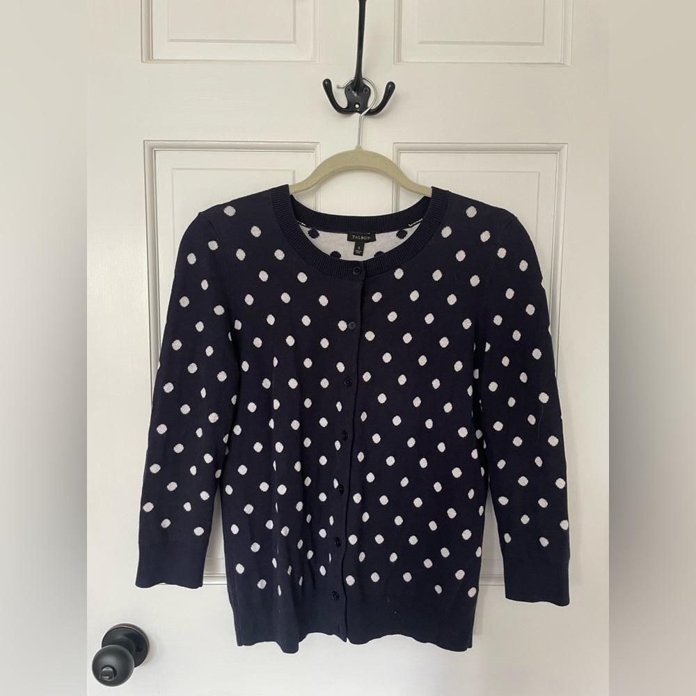 Talbot's Navy with White Polka Dot Cardigan Sweater Size Small